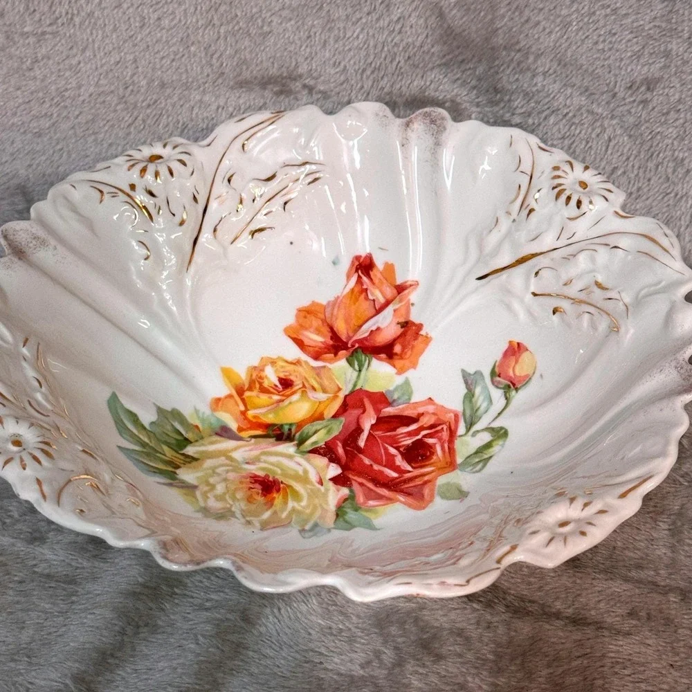 Vintage PS Germany Porcelain Rose Bowl Scalloped Gold Gilt Floral Centerpiece‎